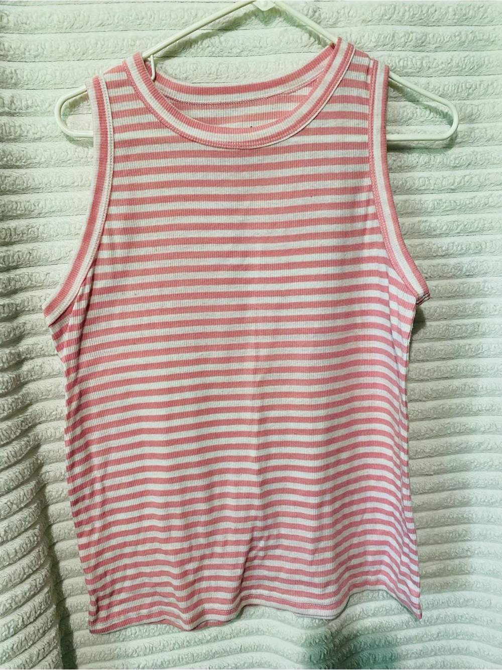 just be Pink and White Striped Ribbed Tank Top